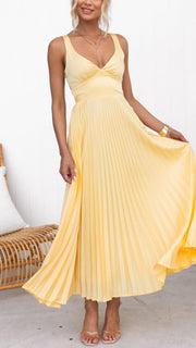 Damen V Ausschnitt Plissiertes Maxikleid – GELB