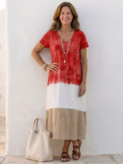 Damen-Midikleid mit Farbblock-Design und V-Ausschnitt – Kurzarm, lässig-eleganter Stil – Rot