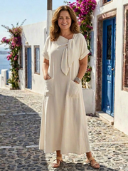 Elowyn | Rundhals Maxikleid mit kurzen Ärmeln – Beige