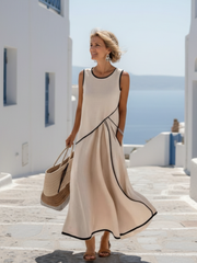 Ärmelloses, drapiertes Maxikleid für Damen – Rundhalsausschnitt, fließender, eleganter Stil – Beige