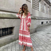 Rosa | Damen Boho Maxi-Kleid Puffärmel V-Ausschnitt Muster – Bordeaux