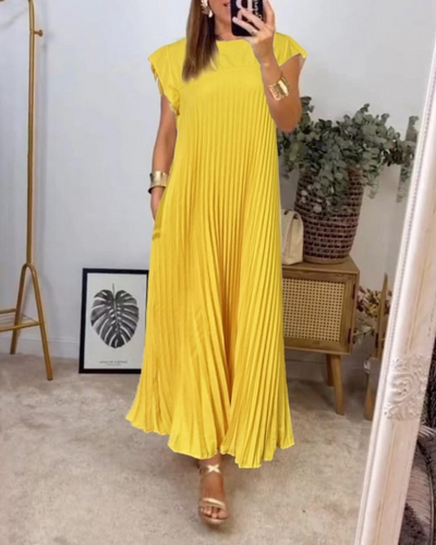 Damen-Midikleid mit Falten, Rundhalsausschnitt und kurzen Ärmeln