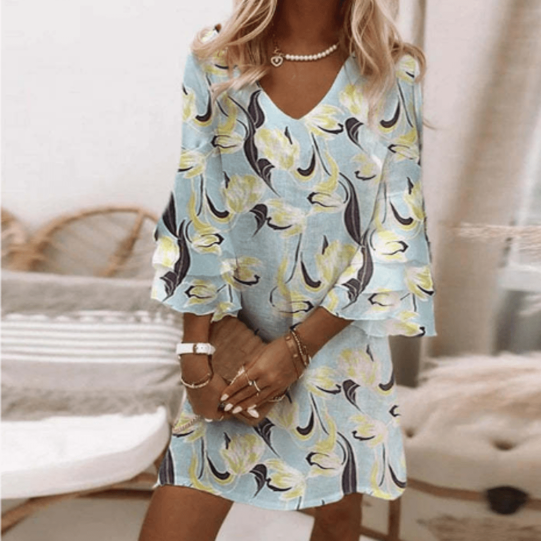 Minikleid mit Ornamentmuster | V-Ausschnitt | Weite Ärmel