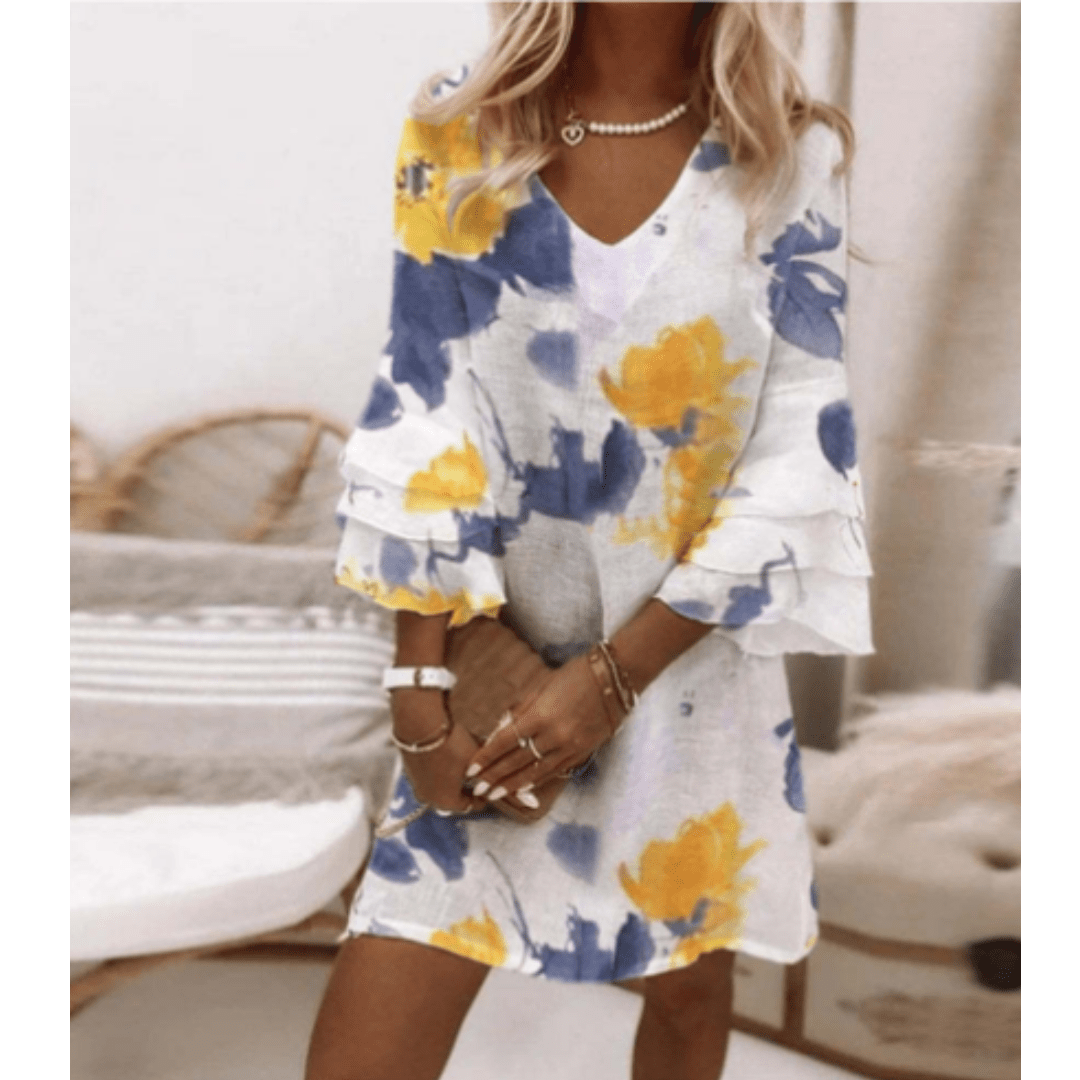 Minikleid mit Ornamentmuster | V-Ausschnitt | Weite Ärmel