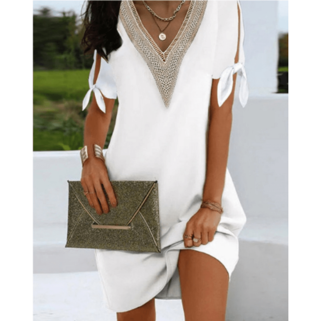 Sommerkleid mit V-Ausschnitt | Zierkante | Schleifenärmel