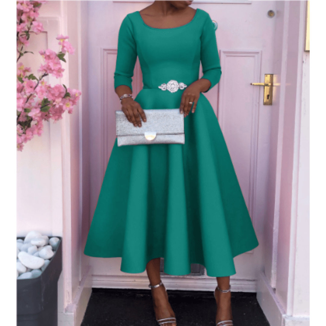 Midikleid mit 3/4-Ärmeln | Ausgestellter Rock | Femininer Rundhalsausschnitt