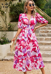 Damen Florales Midi Kleid Mit Puffärmeln – Elegantes Freizeitkleid – Rosa