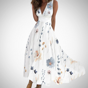 Via | Damen Maxi-Kleid Blumenprint V-Ausschnitt Ärmellos – Blumig-weiß