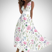 Via | Damen Maxi-Kleid Blumenprint V-Ausschnitt Ärmellos – Weiß Rosa