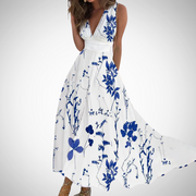 Via | Damen Maxi-Kleid Blumenprint V-Ausschnitt Ärmellos – Blau-Weiß
