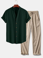 Adrian - Leichtes Sommer-Set aus Hemd und Hose – Dunkelgrün und beige