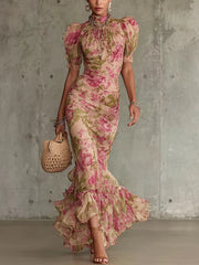 Mae | Maxikleid mit Vintage-Rosenprint und Puffärmeln – Rosa