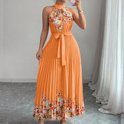 Luftiges Maxikleid Damen V-Ausschnitt Blumendruck Sommer Maxikleider A-Linie für Elegante Tage – Orange
