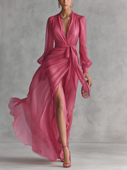 Beatrice | Elegantes Chiffon-V-Ausschnitt-Langkleid mit Taillengürtel – Rosa