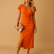 Karin | Damen Midikleid mit V-Ausschnitt und Schlitz – Orange