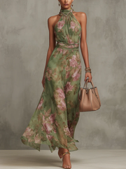 Sofie | Damen Elegantes Blumenkleid Sommer – Florales Kleid Elegant 2026 – Grüner Blumenprint