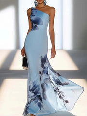 Sommerfeld | Satin-Tintenprint Schulterfreies Maxikleid – Hellblau
