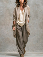 Isolenne - Dreiteiliger Premium-Hosenanzug mit Wide-Leg-Hose – Taupe
