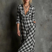 Maxikleid für Damen im Karomuster – Lässiger Stil mit Knöpfen – Weiß
