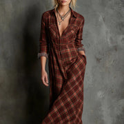 Maxikleid für Damen im Karomuster – Lässiger Stil mit Knöpfen – Rötlich Braun