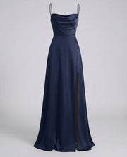 Elegantes Damen Seiden Maxikleid Fließender Schnitt – Schickes Sommer Abendkleid – Dunkelblau