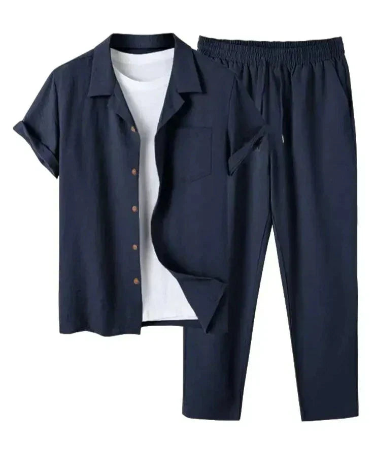 Herren Leinen Kurzarmhemd und Hose Set