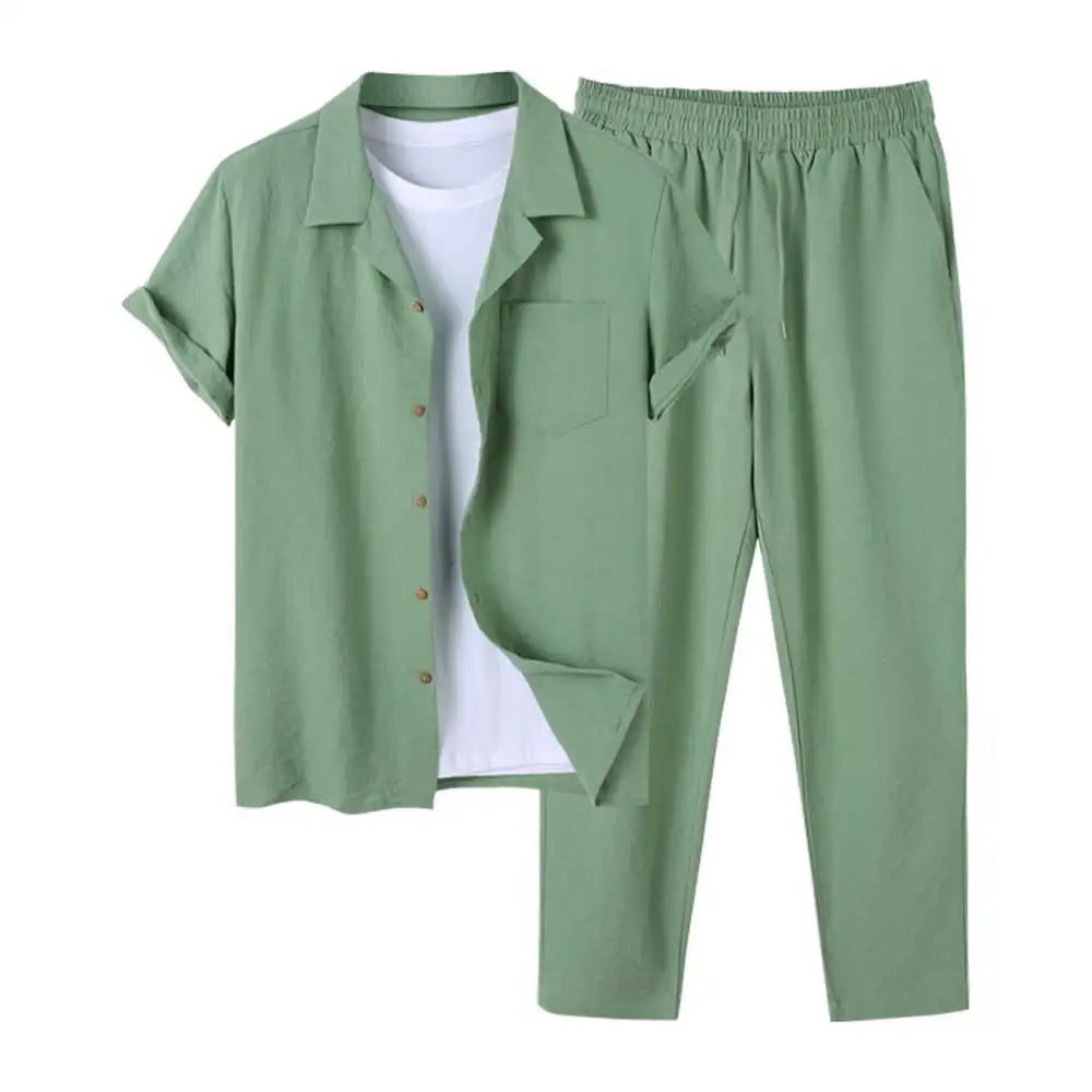 Herren Leinen Kurzarmhemd und Hose Set