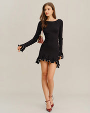 Damen Enganliegendes Langarm Mini Kleid Mit Gerafftem Saum – Schwarz