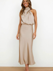 Doris | Damen Schickes Neckholder Abendkleid – Beige