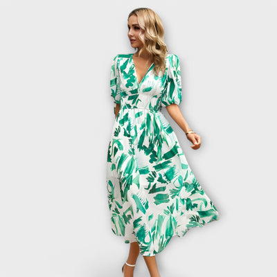 Abstraktes Maxi-Kleid mit Puffärmeln