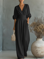 Solavie - Fließender weitbeiniger Jumpsuit – Schwarz