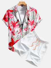 Hemd mit Blumenpflanzenmuster und Knopfleiste sowie Shorts zum Schwimmen – Rot