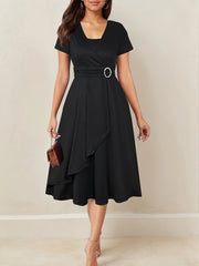 Nora | V-Ausschnitt Midikleid Asymmetrischer Saum – Schwarz