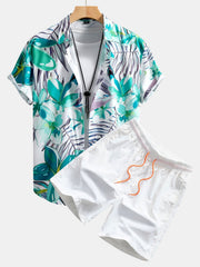 Hemd mit Blumenpflanzenmuster und Knopfleiste sowie Shorts zum Schwimmen – Cyan