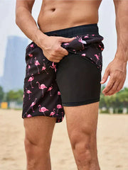 Herren Schnelltrocknende Badehose Mit Kompressions-Innenshorts – Sportliche Strandshorts – Schwarzer Flamingo