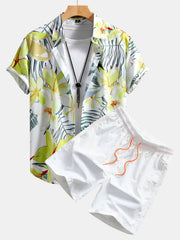 Hemd mit Blumenpflanzenmuster und Knopfleiste sowie Shorts zum Schwimmen – Gelb