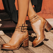Philomena - Vintage-Leder-Sandaletten mit Knöchelriemen – Braun
