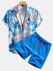 Hemd mit Blumenpflanzenmuster und Knopfleiste sowie Shorts zum Schwimmen – Blau