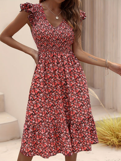 Rougefarbenes blumen midikleid - Vanessa