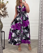 Bless | Damen Maxi Kleid Ärmellos Blumendruck V-Ausschnitt Sommer – Lila