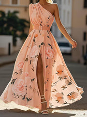 Julie | hellgrünes Blumenmuster-Chiffon-Maxikleid mit Ein-Schulter-Design – Rosa