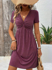 Sofia | Kurzarm V-Ausschnitt Twistkleid Damen – Tiefes Purpur