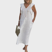 Adelina | Damen Ärmellos V-Ausschnitt Maxi Kleid – Weiß