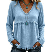Ariselle - Bluse mit Fransenbesatz und V-Ausschnitt – Hellblau