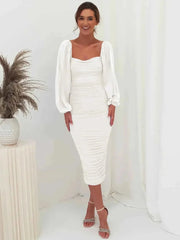 alessia – gerafftes midikleid mit ballonärmeln & square neck – Weiß