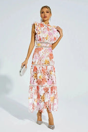 Amira – Spitzen-Midikleid mit Farbverlauf und Stehkragen – Blumen