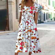 Annabella | Damen Blumen Midi Sommerkleid – Weiß