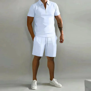 August | Herren Casual Set mit Reißverschluss Poloshirt und Shorts – Weiß