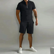 August | Herren Casual Set mit Reißverschluss Poloshirt und Shorts – Schwarz