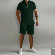 August | Herren Casual Set mit Reißverschluss Poloshirt und Shorts – Grün